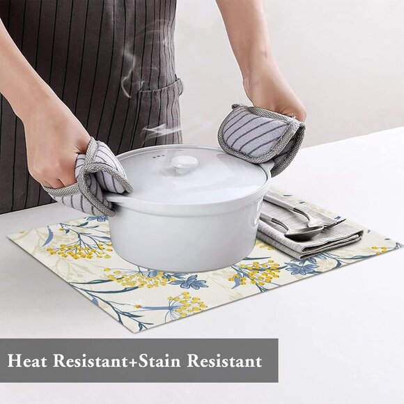 Dining Table Placemats Set Of 6Cotton Linen,Vintage Floral Plant,Heat Resistant - Picture 6 of 8